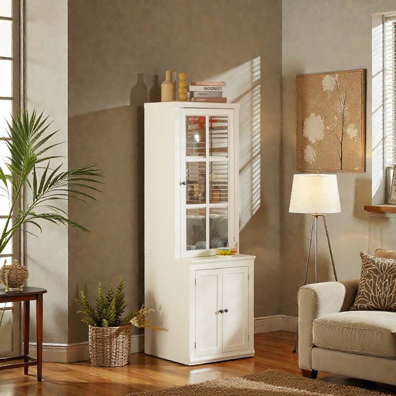 75.25'' Tall Farmhouse Pantry Cabinet with Glass Door & Lattice Window, Freestanding Hutch with Adjustable Shelves