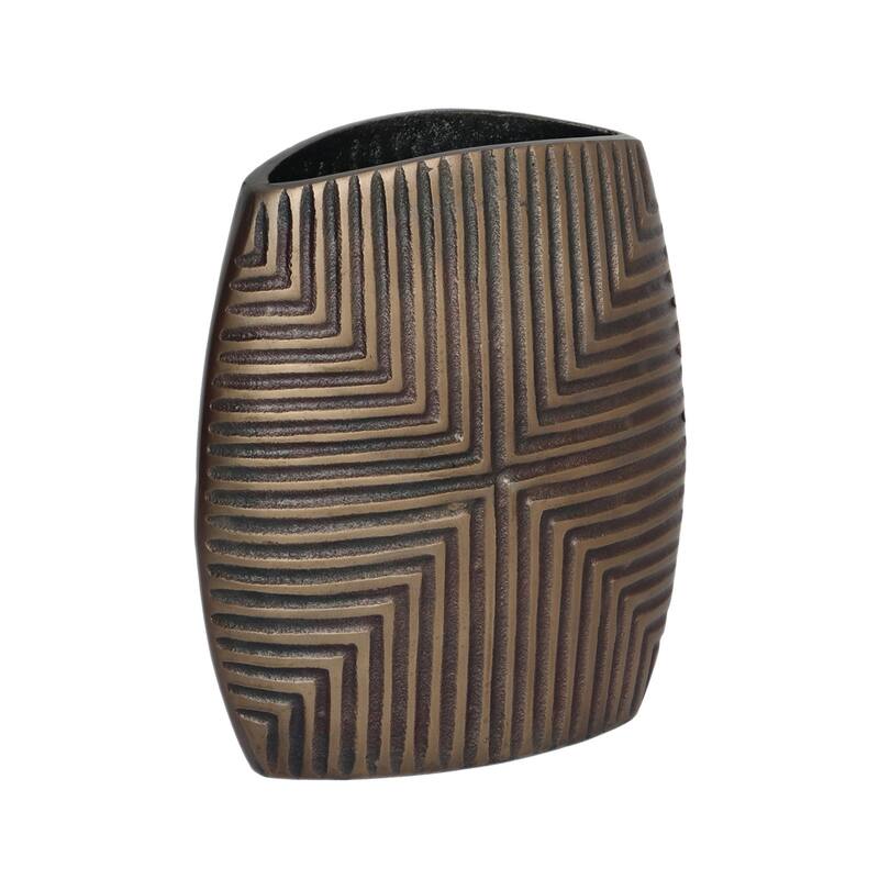 Ako 10 Inch Vase, Modern, Ribbed Body Design, Curved Top, Antique Brass - Brass Finish