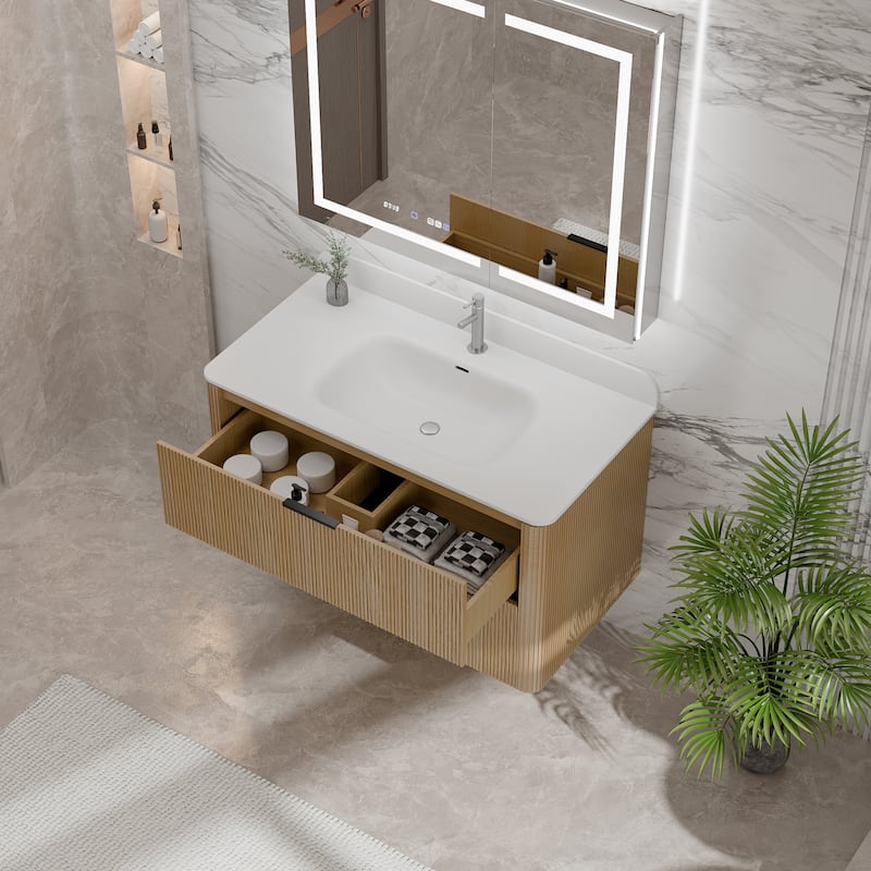 Modland Fluted Floating Vanity with Sink, Plywood Wall Mount Cabinet, Curved Edge, 24/30/36 Inch