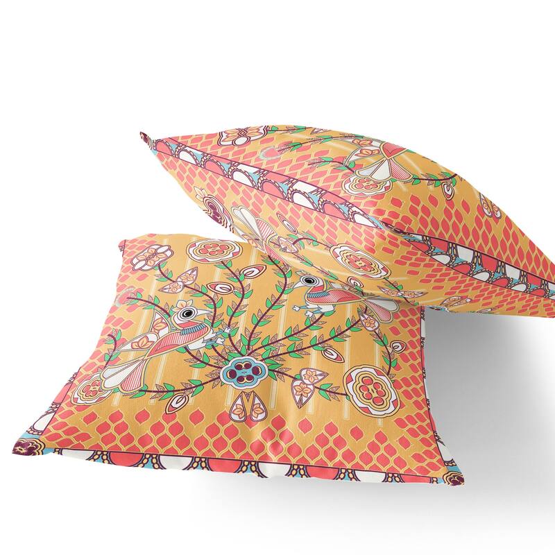 HomeRoots Set of Two 16" X 16" Yellow and Peach Peacock Blown Seam Floral Indoor Outdoor Throw Pillow - 16.00' X '16.00' X '5.00