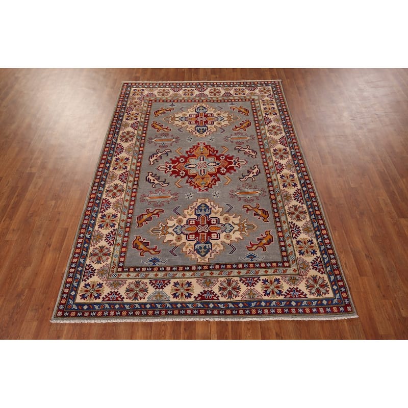 Geometric Kazak Rug Hand-Knotted Grey Traditional Wool Carpet - 5'10" x 8'4"