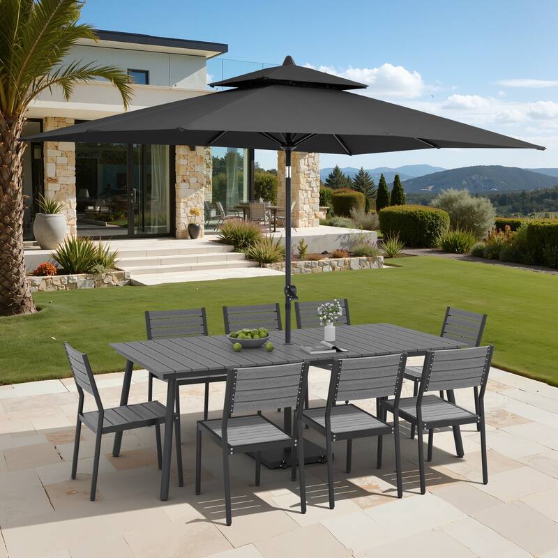 11-Piece Outdoor Dining Set Aluminum Table and 8 Stackable Chairs w/ 10 ft Umbrella and Base Stand - Dark Grey Table with Black Umbrella