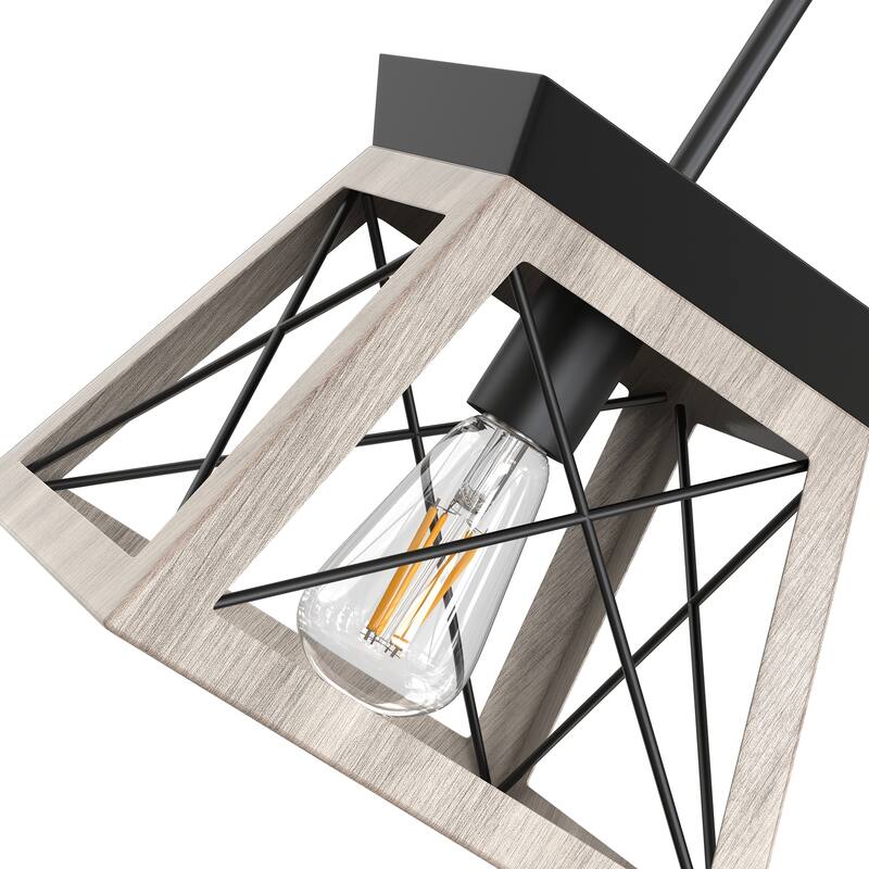 YANSUN Light Wood Industrial Pendant Light with Iron Rods, Adjustable Height