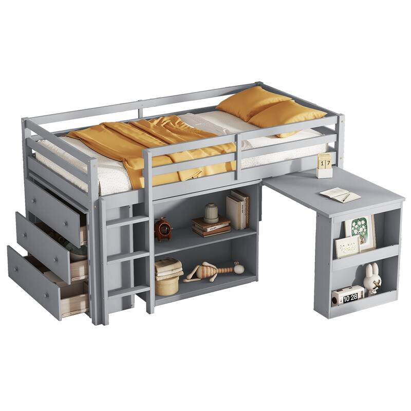 Twin Size Loft Bed Frame with Pull-out Desk, Drawer and Shelf Cabinets, Space-Saving with Safety Guardrail and Sturdy Ladder