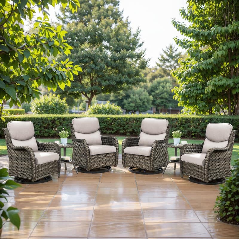 6 Pieces Outdoor Gliders Swivel Chairs with Table with 5-Inch Thick Cushions - Grey Rattan - Beige Cushion - 5PCS Swivel Chairs with Table