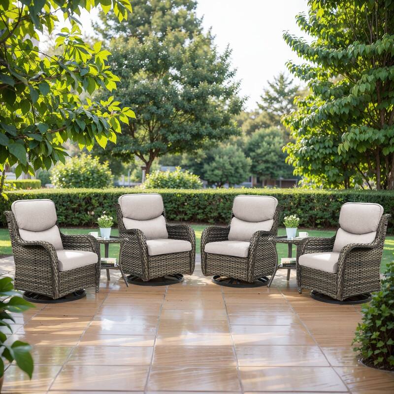 Pocassy Outdoor Glider Chairs Table with 5Inch 6Inch Cushion - Grey Wicker Beige Cushion - 6PCS Swivel Chair Table with 5 Inch Cushion