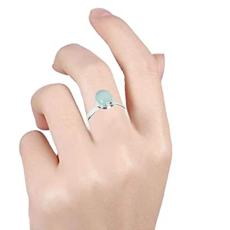 925 Sterling Silver Aqua Chalcedony Gemstone Solitaire Ring