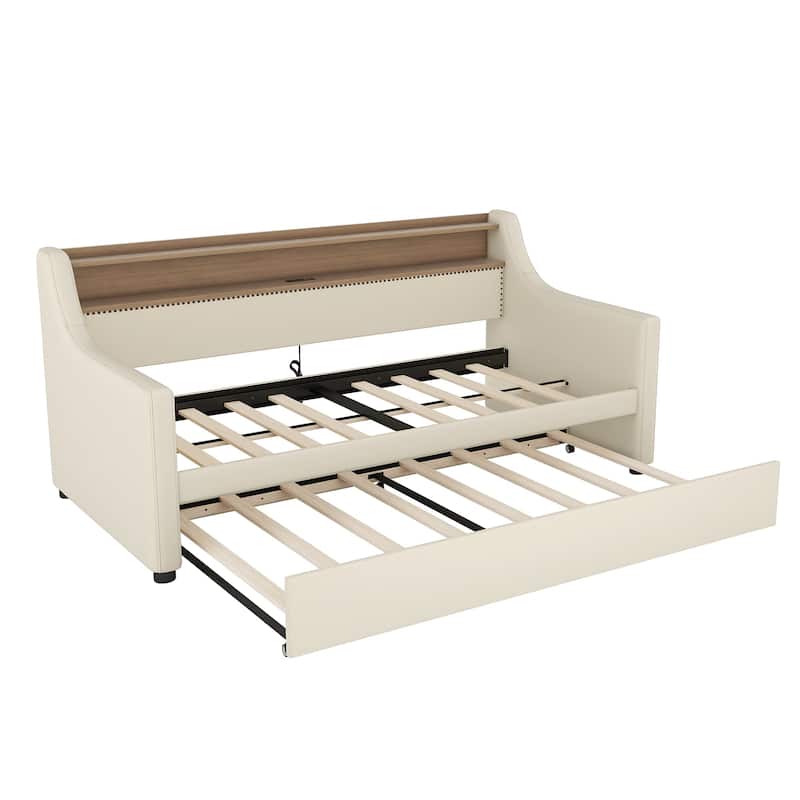 Twin Size Upholstered Daybed with Trundle,Charging Station and LED Lights