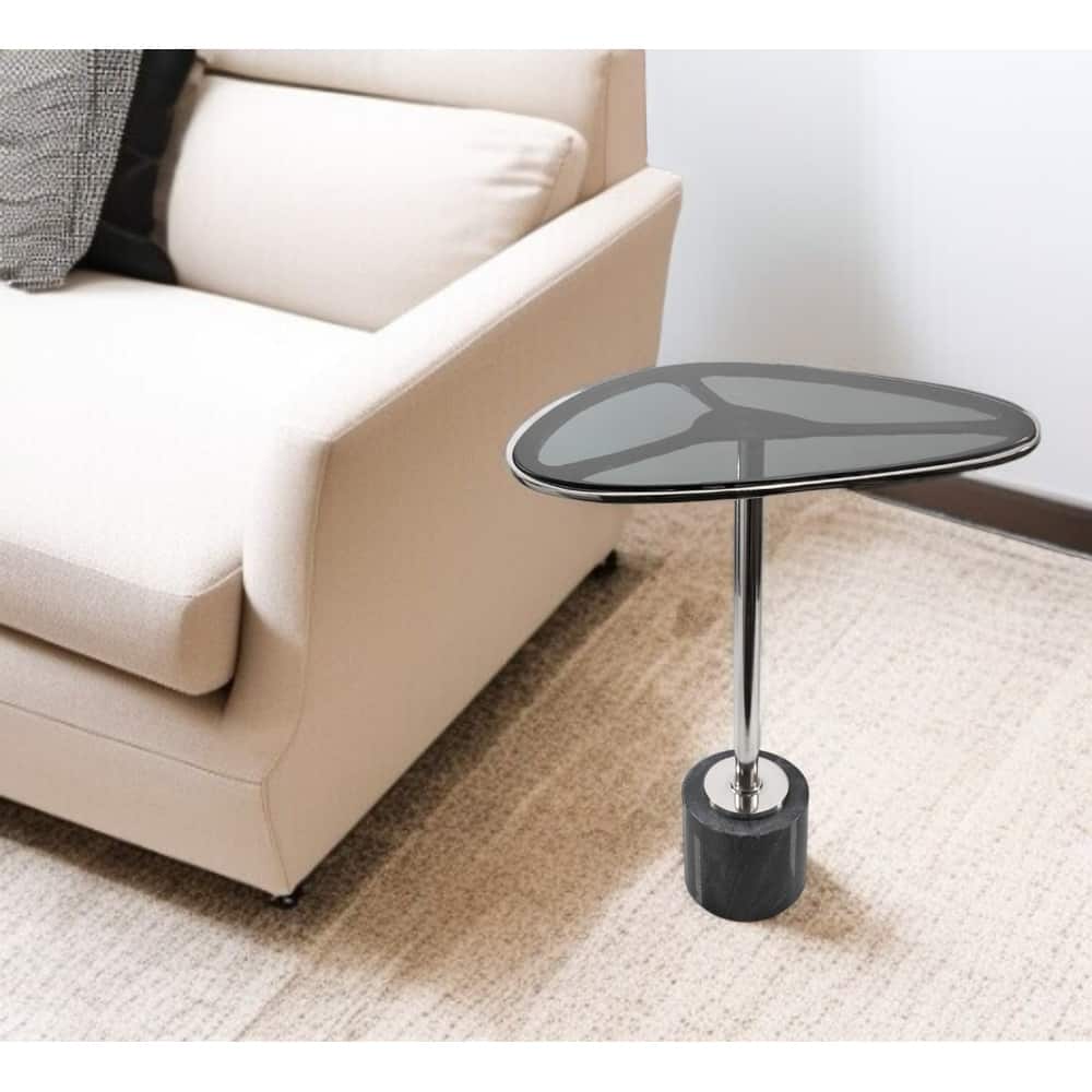 HomeRoots 22" Smoky Black and Silver Aluminum Glass and Marble Pedestal End Table - 18.25' X '22.25' X '12