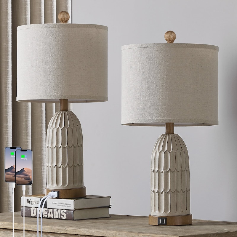 Beige Resin Table Lamps with 3-way Touch Dimming Switch Dual USB Charging Ports (Set of 2) - 11'' x 11'' x 22'' (L x W x H)
