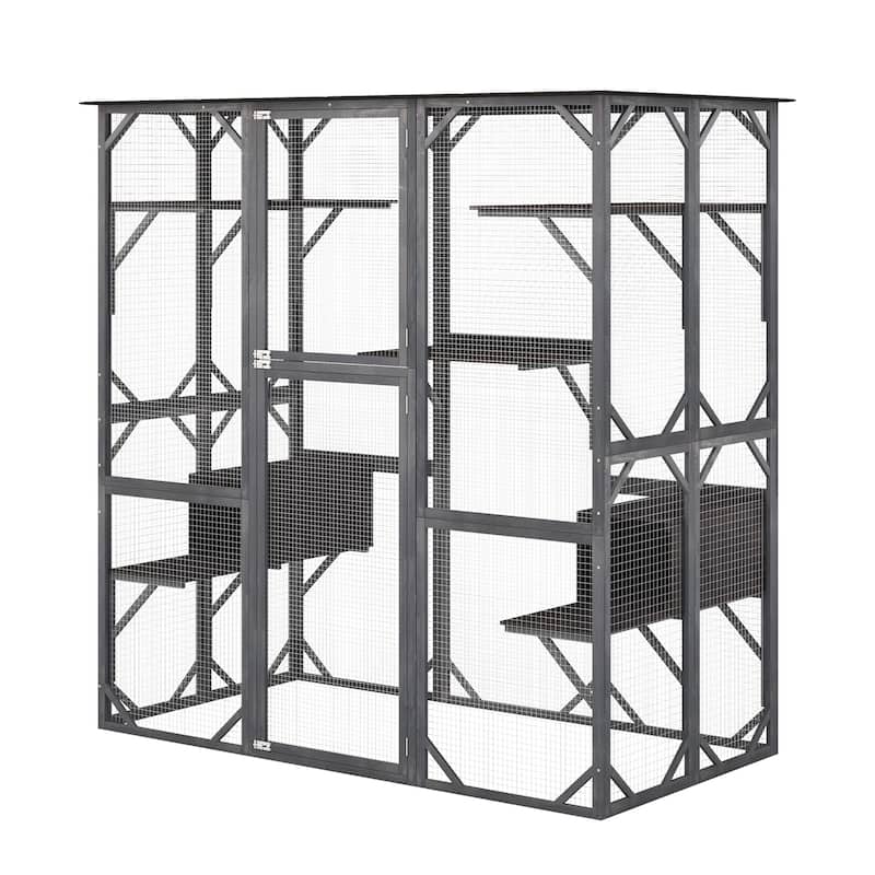 71 Inches Tall Outdoor Wooden Cat House with Weatherproof Asphalt Roof-Grey - 71" x 38" x 71"