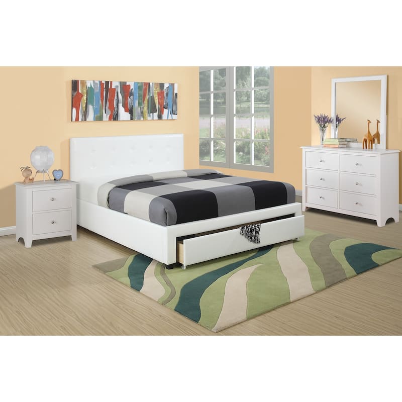 Queen Size White Upholstered Bed with Faux Leather Headboard and Under Bed Storage