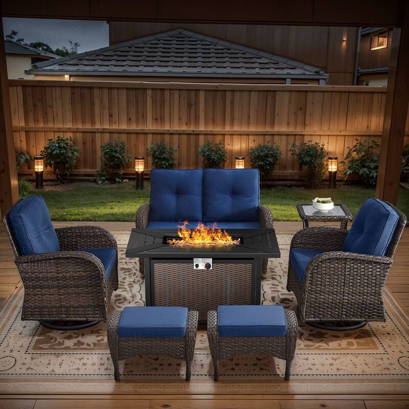 Gymojoy Outdoor Fire Pit Conversation Set, Loveseat Glider Sofa & Chairs - Patio Furniture Set - 7-Piece included Swivel Chairs & Ottomans - Blue