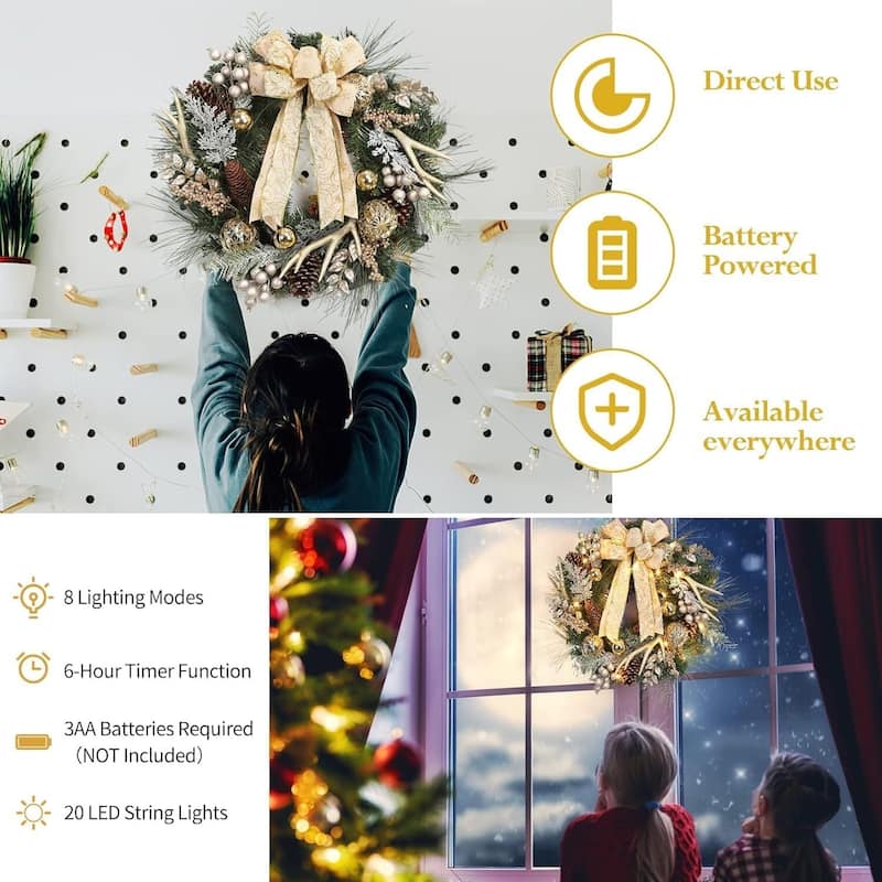 24 Inch Christmas Wreath with Lights for Front Door with Antlers Gold Balls - N/A