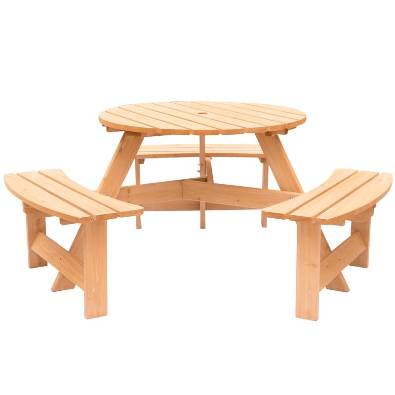 Wooden Outdoor Round Picnic Table w/ Integrated Bench Seats - Stained