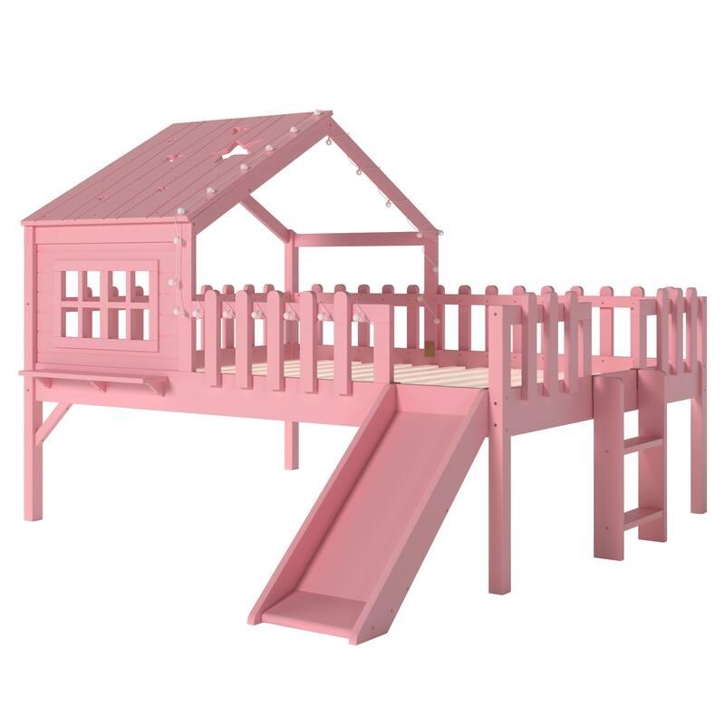 Full Size House Loft Bed with Slide,Playhouse Bed with Star Moon-shaped Designs and Window, Chic Design with LED Lights