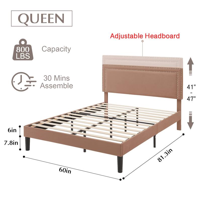 VECELO Upholstered Bed Frames with Height Adjustable Headboard