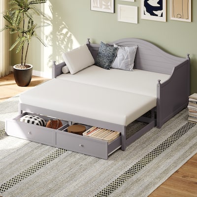 Twin Size Wood Daybed Extended Bed with Storage Drawers Wooden Sofa Bed for Living Room Guest Room