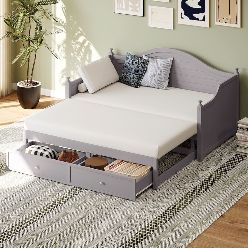 Twin-Size Wooden Daybed with Extendable Feature and Storage Drawers - Convertible Sofa Bed for Living Room or Guest Room.