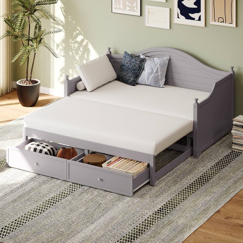 Wooden Daybed with 2 Storage Drawers, Twin Size Storage Platform Bed - Twin Size Extendable Day-bed Pop-up Trundle Bed, Sofa Bed