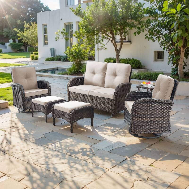 Pocassy 6 Pieces Glider Sofa with Swivel Chairs Ottomans Table - Brown Wicker - Beige cushion