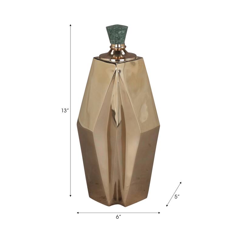 Metal and Marble Vase with Faceted Body Lid Contemporary Accent