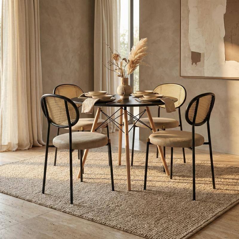 Leisuremod 5-Piece Dining Set with 1 Modern Solid Wood Top Round Dining Table and 4 Velvet/Leather Upholstered Chairs