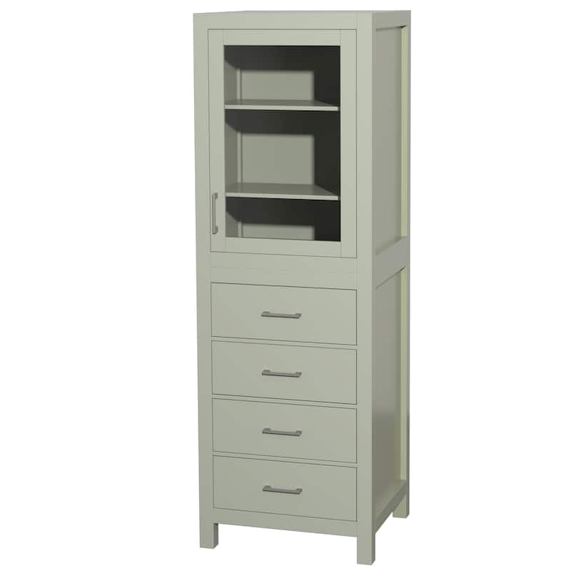 Wyndham Collection Sheffield Linen Tower with Door & Drawer Storage - Light Green with Brushed Nickel Trim