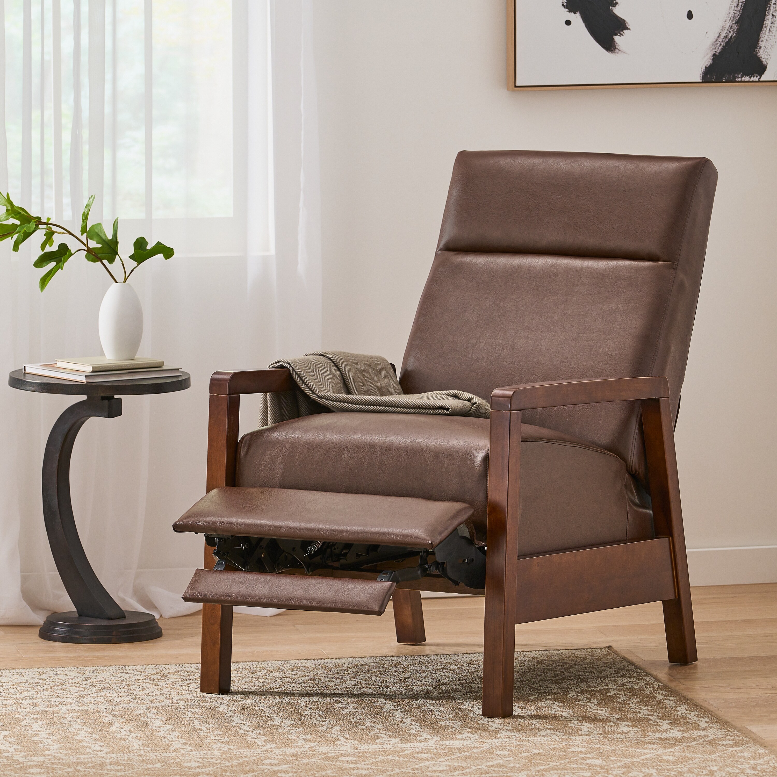 Dark Brown Pushback Recliner with Faux Leather, Rubberwood Frame