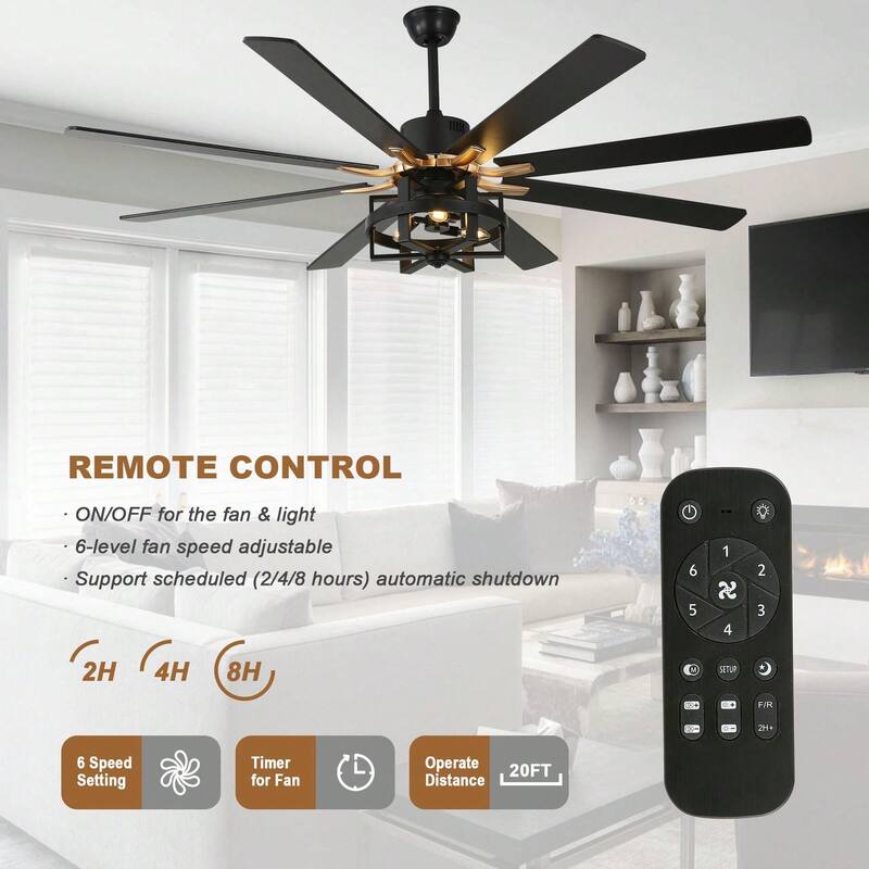 Cusp Barn 65in. Industrial Large Caged Ceiling Fan with Light, Quiet DC Motor 6-speed Reversible 8-Blade Ceiling Fan for Bedroom