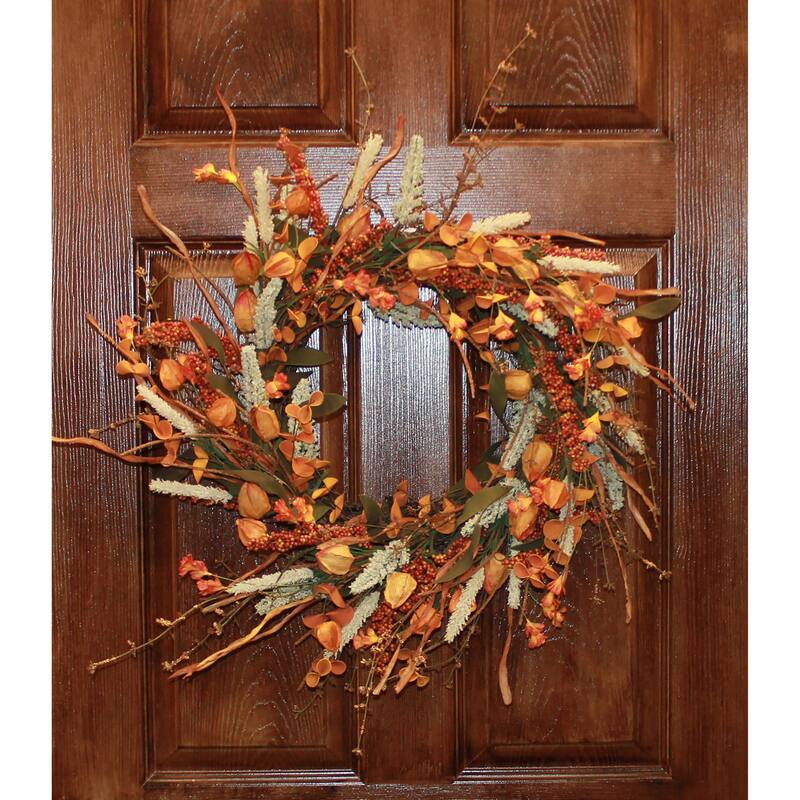 24" Artificial Fall Harvest Chinese Lantern Wreath on Natural Twig Base
