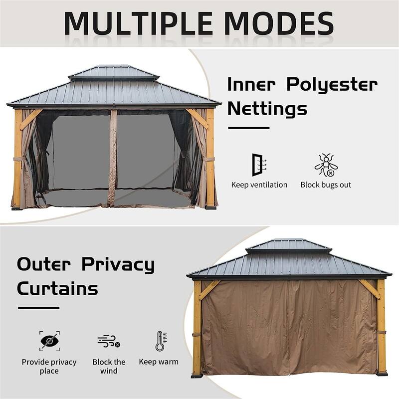 Outdoor Hardtop Gazebo Cedar Wood Frame Galvanized Steel Double Roof with Curtains and Netting