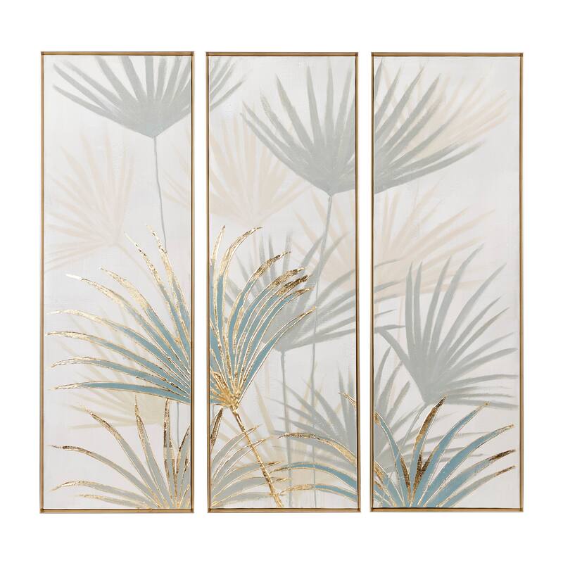 Brown Canvas Palm Leaf Framed Wall Art with Gold Frame (Set of 3)