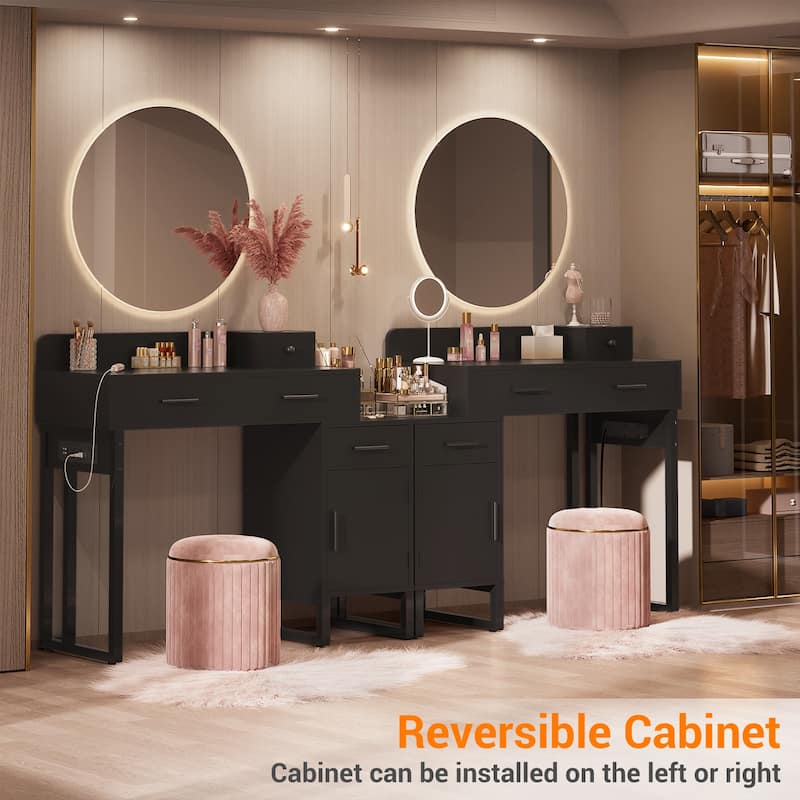 Reversible Makeup Vanity Desk With Charging Station and 4 Wooden Drawers and 1 Cabinet