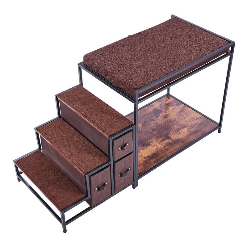 Black-Brown Wood Pet Bunk Bed with Stairs and Storage Drawers - 49” L x 19.6” W x 25.9” H