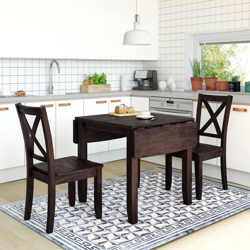 3-Piece Wood Drop Leaf Breakfast Nook Dining Table Set with Two X-back Chairs for Small Space Solutions - Espresso