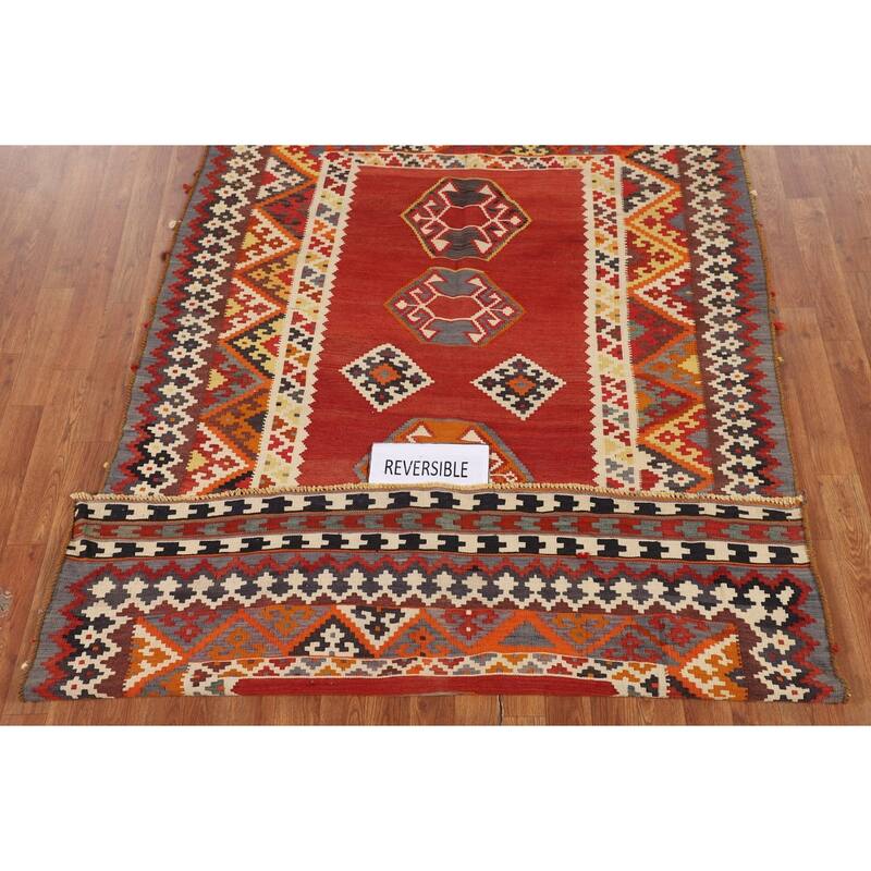 Kilim Qashqai Persian Vintage Rug Hand-Woven Orange Wool Carpet - 4'5"x 7'4"