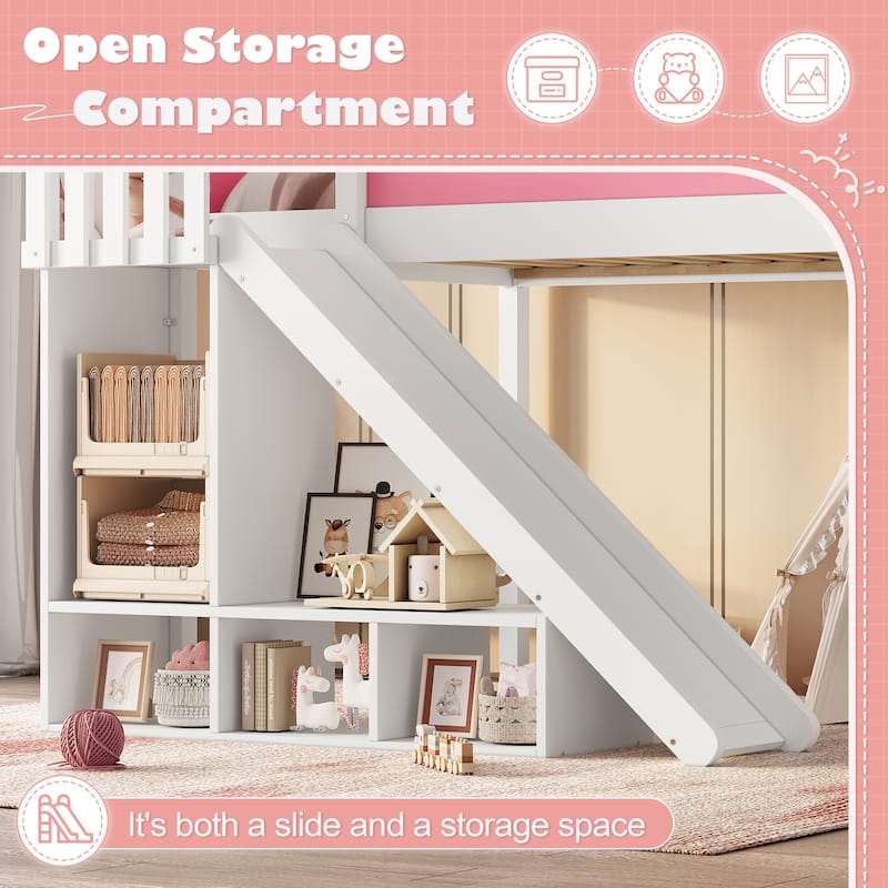 Full/Queen Loft Bed with Storage Shelves, Cabinet & Detachable Slide, Solid Wood Loft Bed with Ladders, No Box Spring