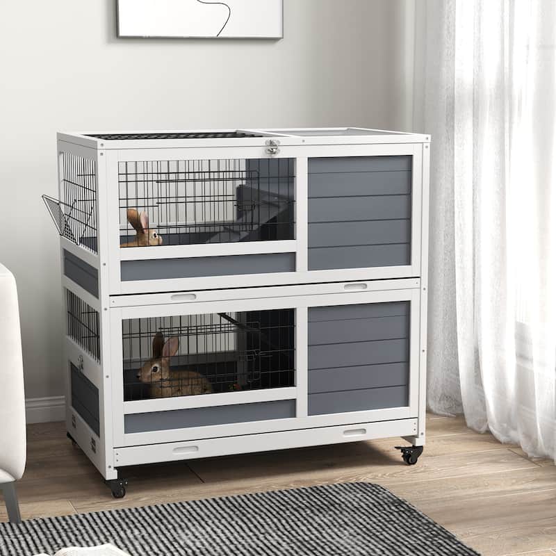 White and Grey Double-Decker Bunny Hutch with Ramps Tray and for Small Animals - 35.5" L x 20.75" W x 38.25" H