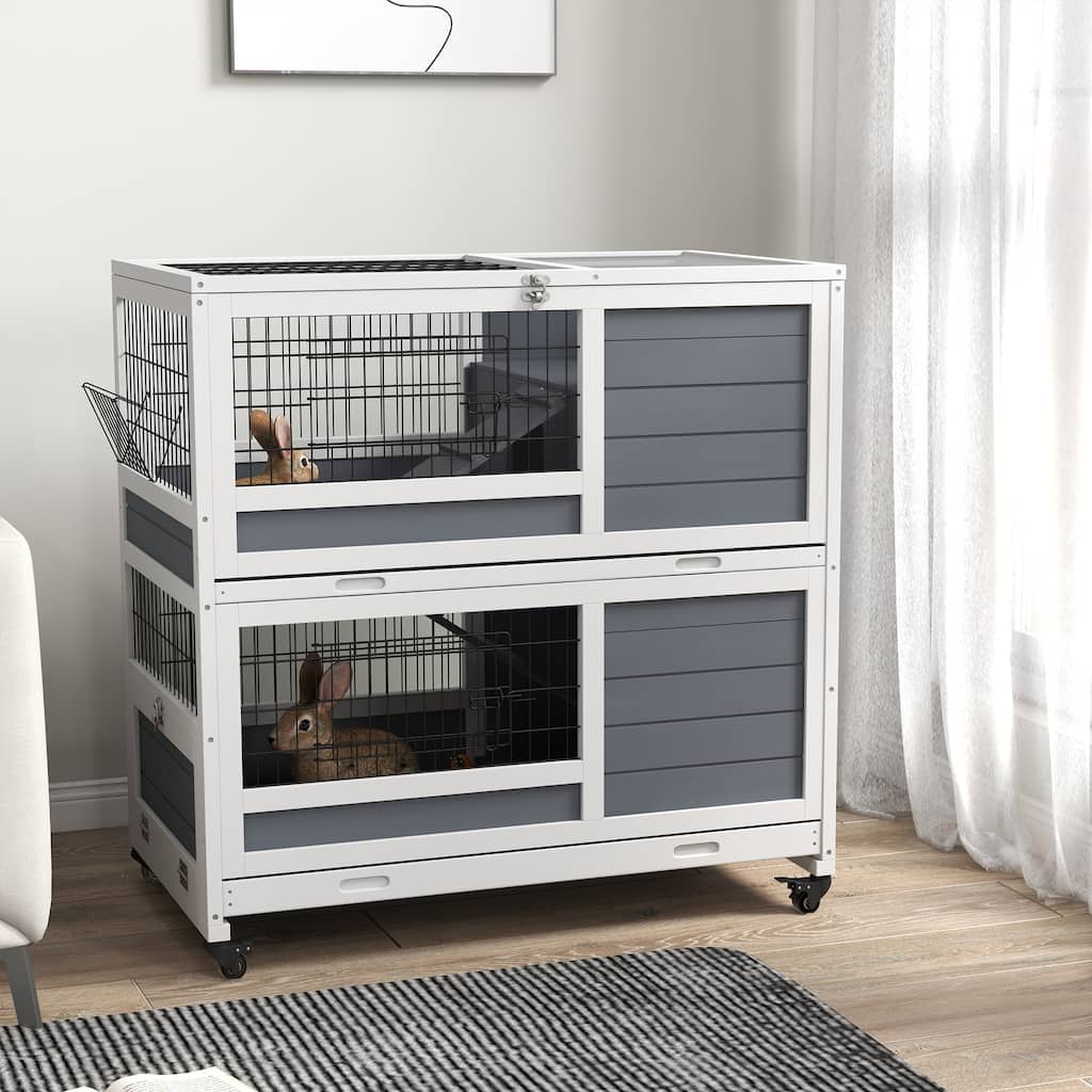 White and Grey Double-Decker Bunny Hutch with Ramps Tray and for Small Animals - 35.5" L x 20.75" W x 38.25" H