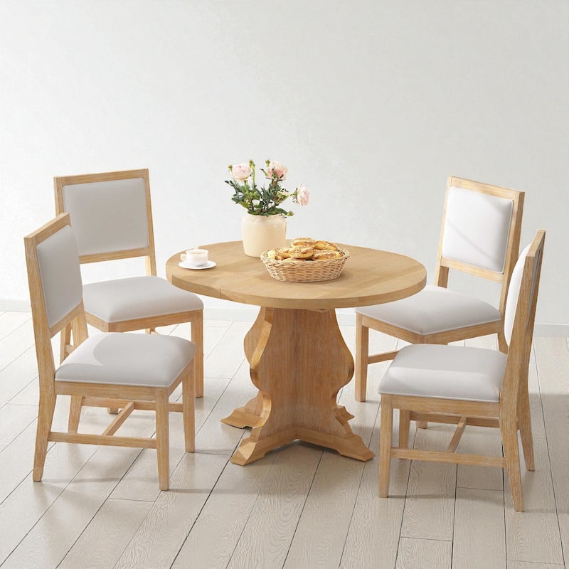 Farmhouse 5-Piece Extendable Dining Table Set, 42.5"-58.2" Wood Table with 15.7" Leaf and 4 Upholstered Chairs