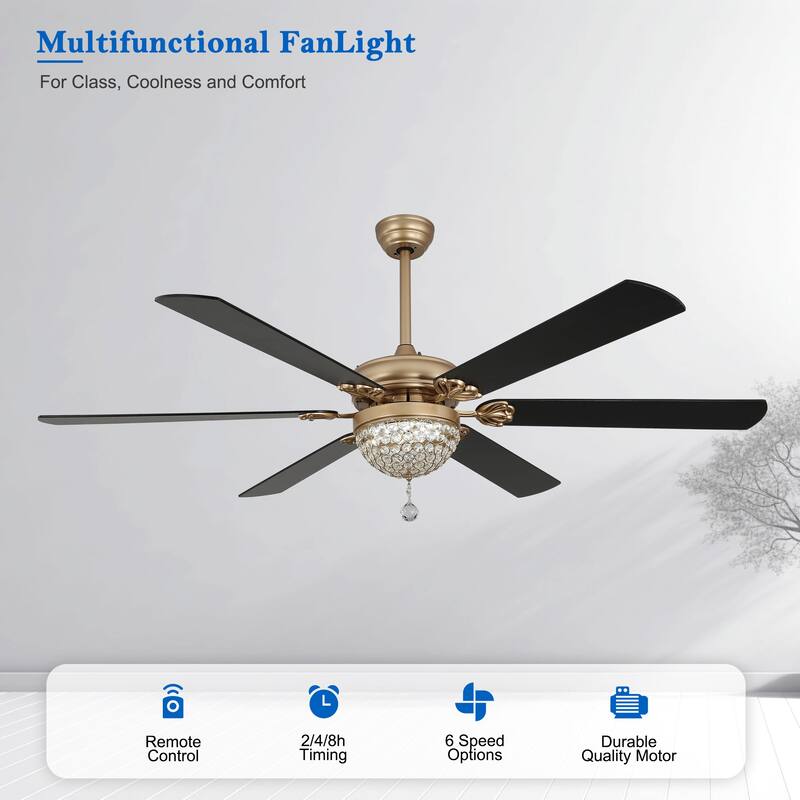 CurveCurio 65" Large Ceiling Fan w Crystal Dimmable LED Light Kit, Quiet DC Motor Living Room Ceiling Fan
