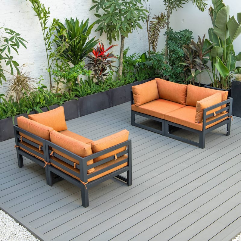 LeisureMod Chelsea 4-Piece Outdoor Patio Sectional Loveseat Set Black Aluminum with Cushions