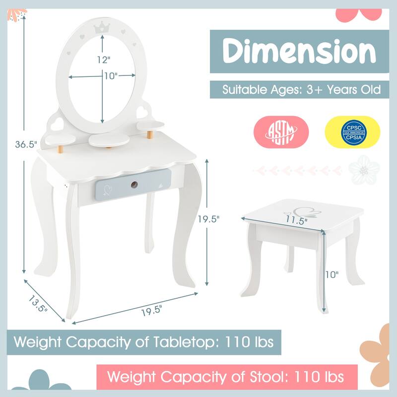 Kids 2-in-1 Princess Makeup Table and Chair Set with Removable Mirror-White - 19.5" x 13.5" x 36.5"
