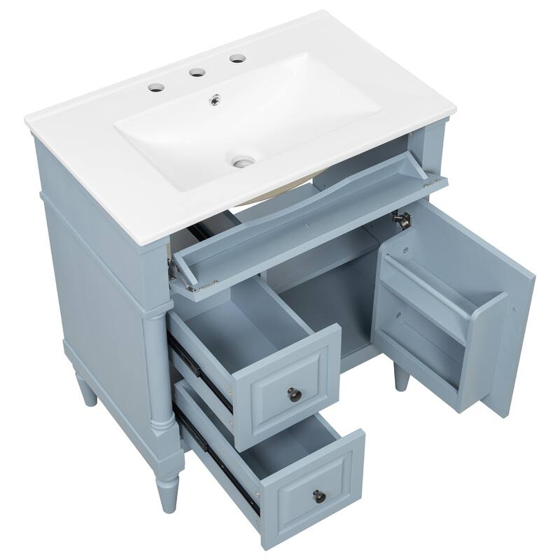 Roomfitters 30" Bathroom Vanity with Sink, Solid Wood Frame, Flip Drawer, 2 Drawers & Door Rack