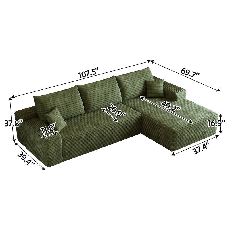 Plush Corduroy Upholstered Couch L-shaped Sectional Sofa with Chaise