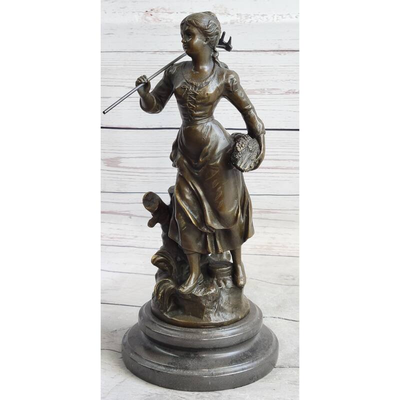Peasant Farmer Girl W/ Rake Harvest Bronze Statue Sculpture Figure Desmure 12 Inches X 6 Inches