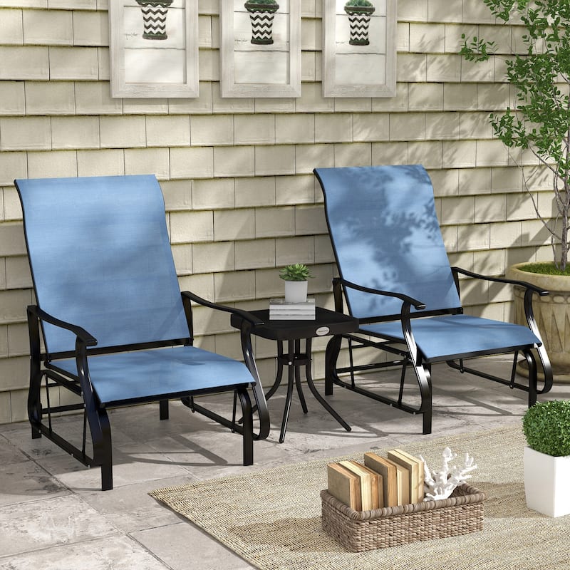 Outsunny 3-Piece Outdoor Gliders Set Bistro Set with Steel Frame, Tempered Glass Top Table - light blue