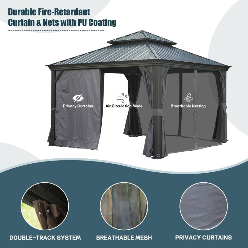12' X 16' Outdoor Metal Hardtop Gazebo with Double Roof, Aluminum Frame, Curtains, and Netting for Patio, Deck, Garden, Grey