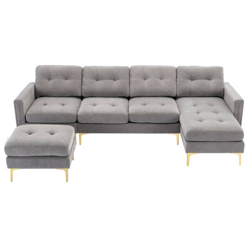 L Shaped Convertible Sectional Sofa with Ottoman, Velvet Fabric 5 Seater Sofa, Upholstered Sofa with Chaise & Storage Pockets